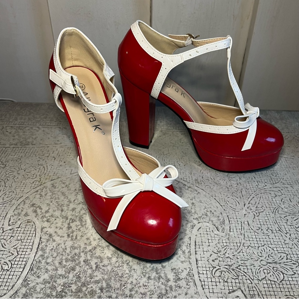 Allegra K Red and White T-Strap chunky heels with Bow Sz 7